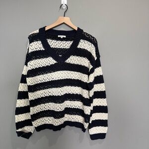 Another Love Open-Knit V-Neck Sweater in Navy & Cream Stripes